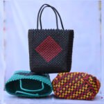Handwoven Recycled Plastic Tote Bag – Black with Red Geometric Design